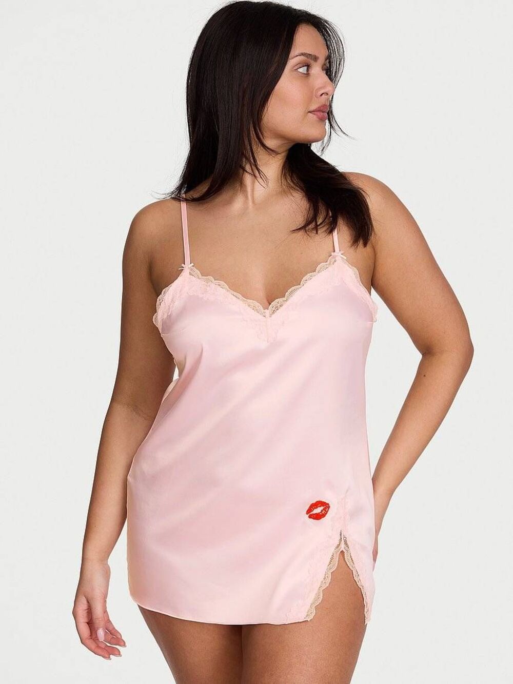 Victoria's Secret Women's Size Medium Angel Pink Tease Satin Lace-Trim Mini Slip